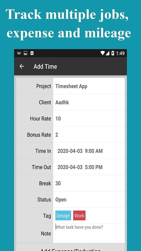 alt: Giao diện ứng dụng Timesheet - Work Hours Tracker trên Android