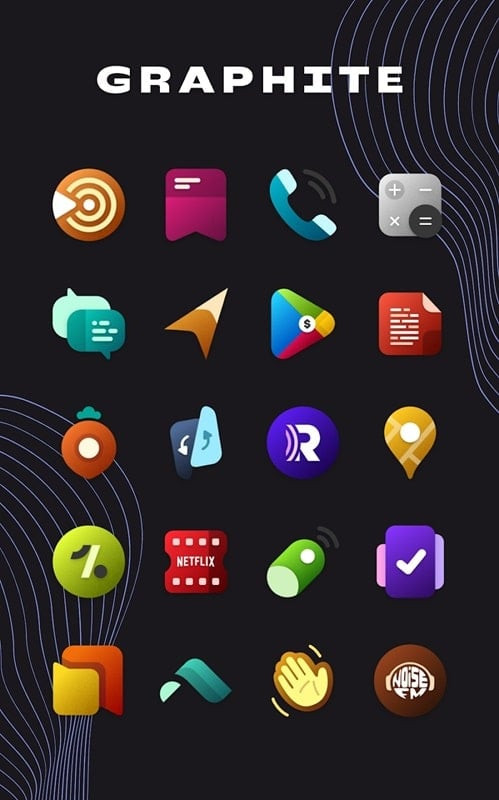 alt text:  Cận cảnh một số biểu tượng trong Graphite Icon Pack, thể hiện phong cách thiết kế tối giản