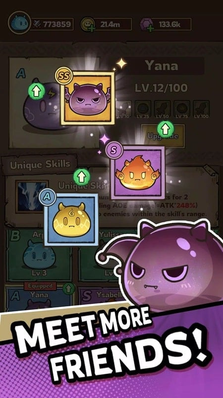 alt text: Giao diện game Slime Castle apk trên điện thoại, hiển thị các loại slime khác nhau.