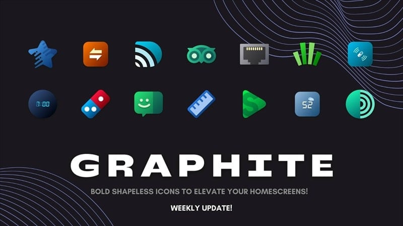 alt text: Giao diện Graphite Icon Pack với các biểu tượng được thiết kế tối giản, màu xám đen