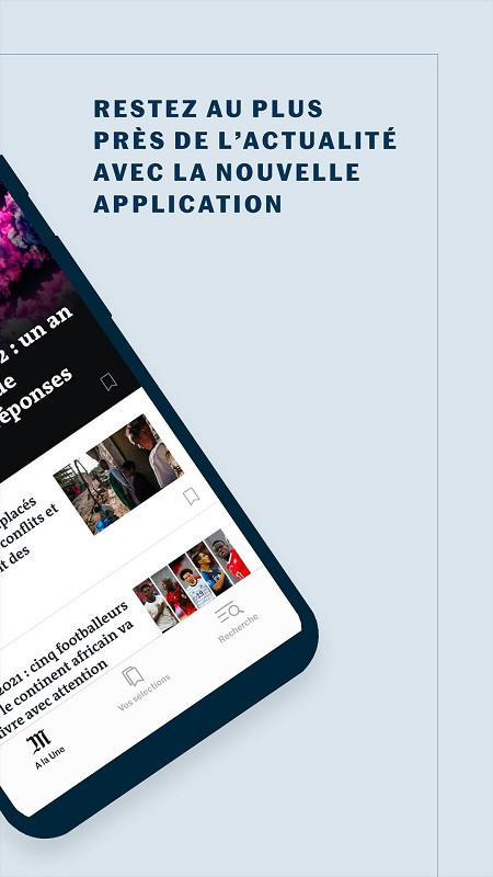 alt text: Giao diện lựa chọn chuyên mục tin tức trong ứng dụng Le Monde, Actualités en direct, hiển thị các chủ đề như chính trị, kinh tế, văn hóa, thể thao...