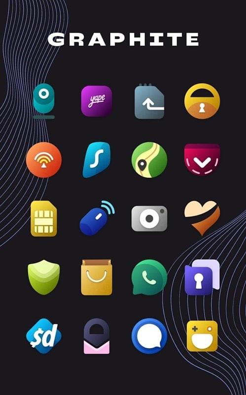 alt text: Hình ảnh hiển thị bộ icon Graphite trên màn hình điện thoại, thể hiện sự tối giản và tinh tế