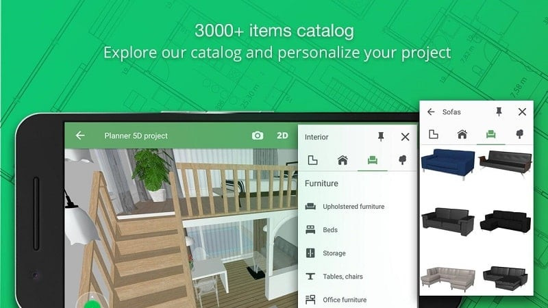 alt text: Hình ảnh minh họa việc sử dụng Planner 5D để thiết kế nội thất phòng ngủ, với các tùy chọn về giường, tủ, bàn trang điểm và màu sắc.